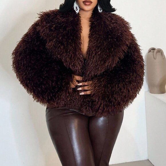 Burgundy Elegant Women's Plus Size Fluffy Faux Fur V-Neck Jacket - Picture 6 of 7
